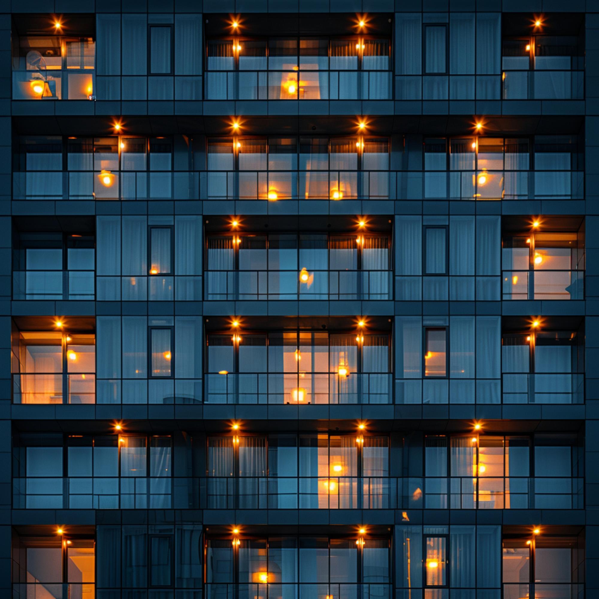 Exterior modern apartment building with evening lights